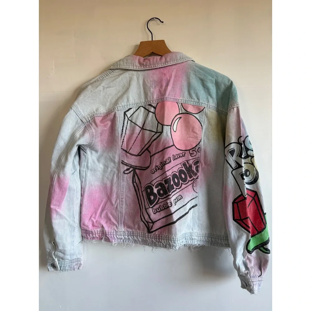 Justice Girls Denim Jacket Bazooka Ring Pop Tie Dye Graphic Distressed L 12/14